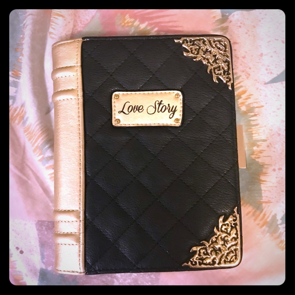 ALDO faux leather black gold fairytale book clutch
